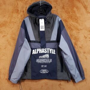 ALPHASTYLE Anorak Jacket Mens XL Gray Hooded Pullover Streetwear Windbreaker